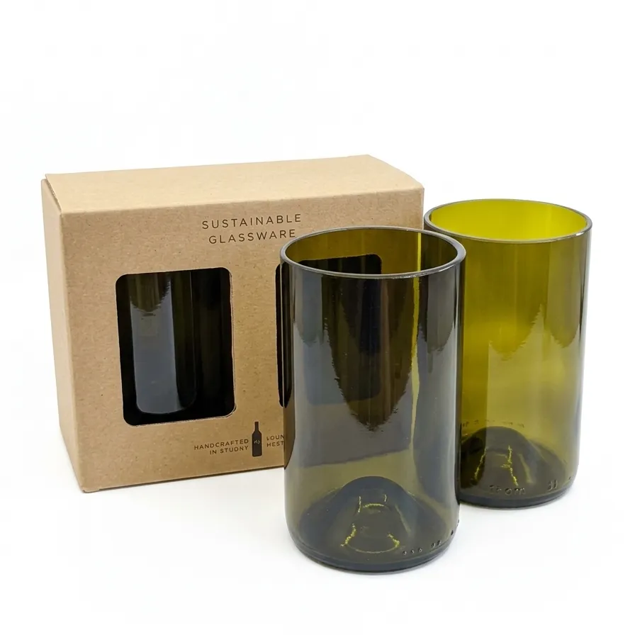 Gift Pack of 2 Upcycled Cut Wine Bottles Tumbler - Olive Green